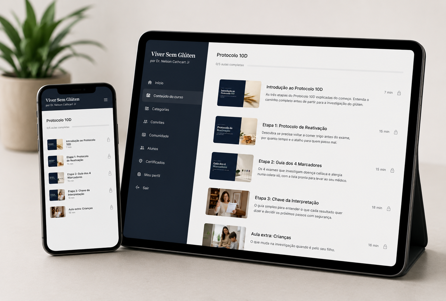 Mockup de celular e tablet exibindo a área de membros do Protocolo 10D